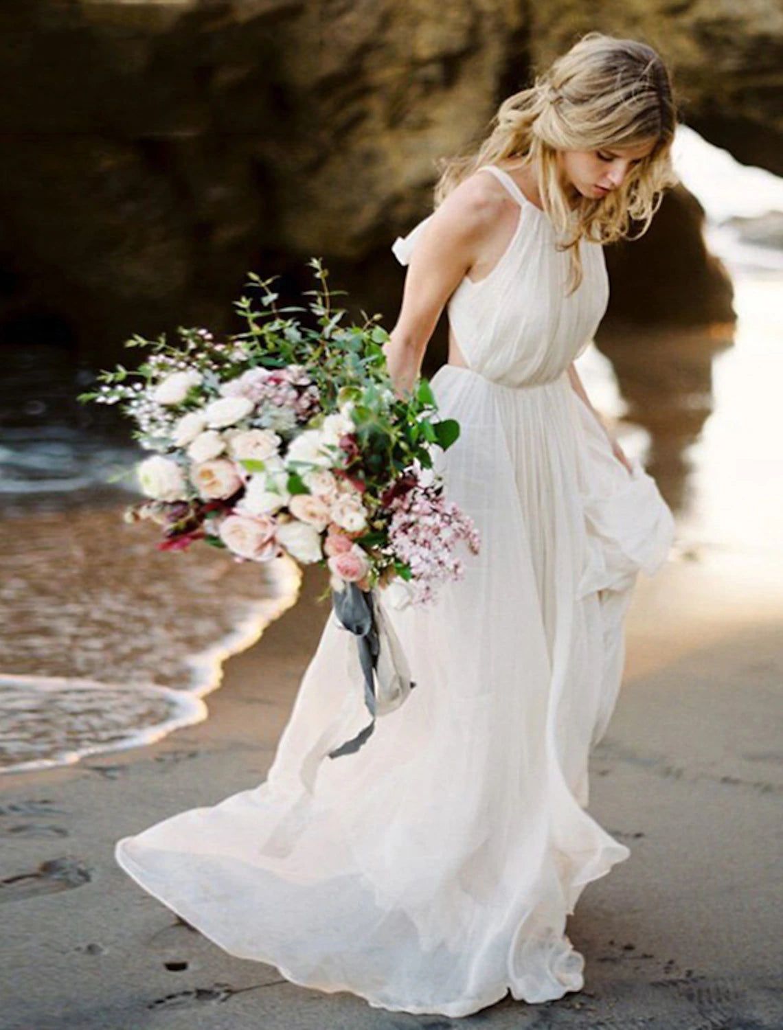 Boho Garden Summer Beach Wedding Dress Open Back In Silk-like Satin