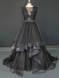 Engagement Gothic Wedding Dresses in Color Formal Wedding Dresses A-Line Illusion Neck Sleeveless Sweep / Brush Train Lace Bridal Gowns With Appliques Cascading Ruffles