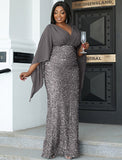 Mermaid / Trumpet Wedding Guest Dresses Plus Size Dress Cocktail Party Floor Length Long Sleeve V Neck Sequined with Glitter Slit