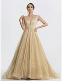 Ball Gown Prom Dresses Sparkle Dress Wedding Quinceanera Floor Length Sleeveless V Neck Tulle with Glitter