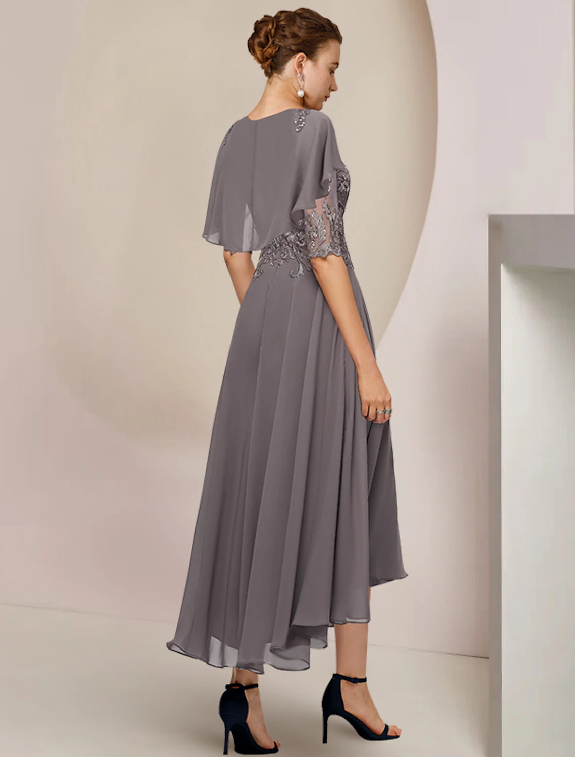 A-Line Mother of the Bride Dress Formal Wedding Guest Elegant Scoop Neck Asymmetrical Tea Length Chiffon Lace Half Sleeve with Beading Appliques