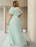 A-Line Mother of the Bride Dress Plus Size Elegant V Neck Floor Length Chiffon Short Sleeve with Sash / Ribbon Ruching