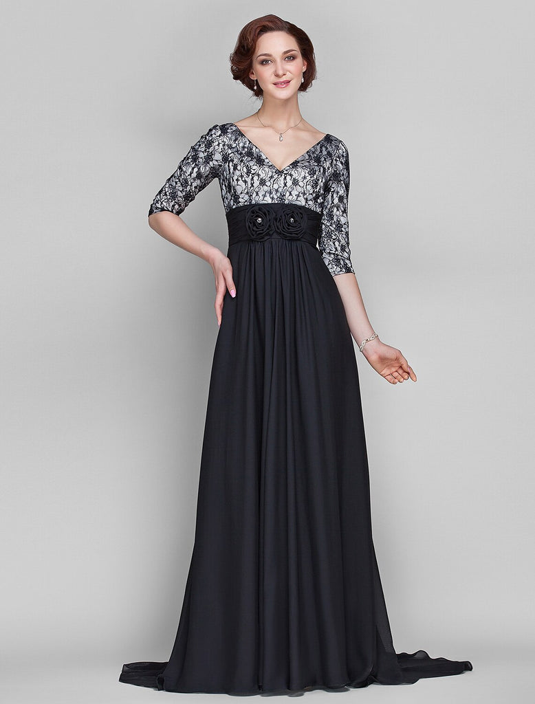 Mermaid / Trumpet Mother of the Bride Dress Elegant V Neck Sweep / Brush Train Chiffon Lace Half Sleeve with Pleats Appliques main image 0