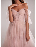 A-Line Elegant Engagement Formal Evening Dress Sweetheart Neckline Sleeveless Court Train Tulle with Bow(s) Pleats