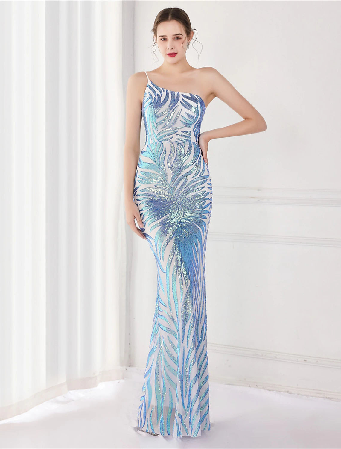 Mermaid / Trumpet Evening Gown Sparkle & Shine Dress Formal Floor Length Sleeveless One Shoulder Sequined with Sequin