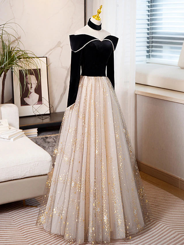 A-Line Prom Dresses Sparkle & Shine Dress Engagement Floor Length Long Sleeve Sweetheart Tulle with Sequin