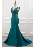 Mermaid / Trumpet Evening Gown Sexy Dress Formal Court Train Sleeveless V Neck Taffeta with Pearls Embroidery