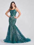 Mermaid / Trumpet Evening Gown Color Block Dress Formal Court Train Sleeveless Spaghetti Strap Lace Backless with Appliques