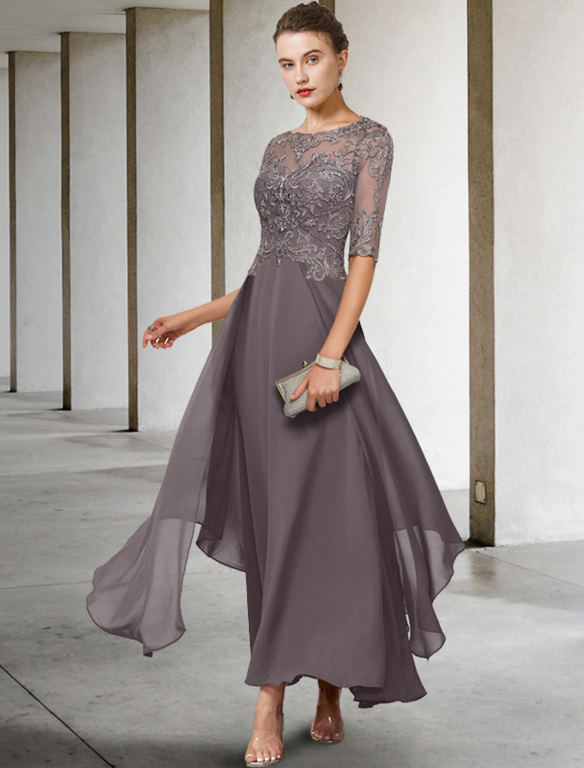 A-Line Mother of the Bride Dress Formal Wedding Guest Elegant Scoop Neck Asymmetrical Ankle Length Chiffon Lace Half Sleeve No with Beading Appliques