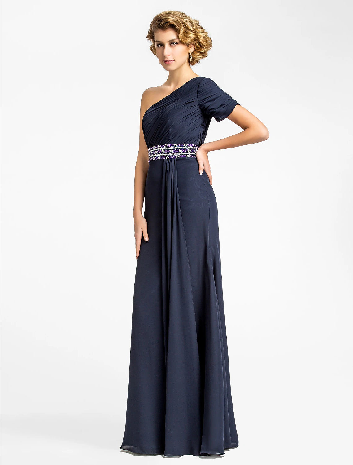 Sheath / Column Mother of the Bride Dress Sparkle & Shine One Shoulder Floor Length Chiffon Short Sleeve with Beading Draping Side Draping