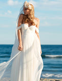 Beach Sexy Boho Wedding Dresses A-Line Off Shoulder Cap Sleeve Floor Length Chiffon Bridal Gowns With Pleats Solid Color