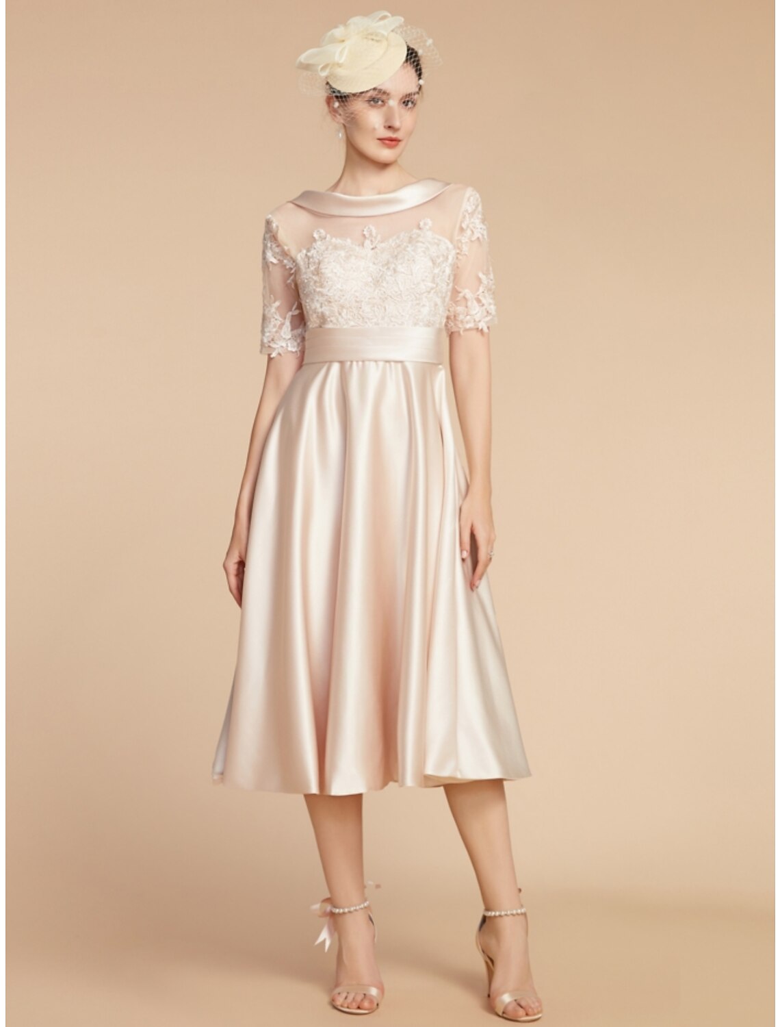 A-Line Mother of the Bride Dress Wedding Guest Elegant Petite Scoop Neck Knee Length Lace Half Sleeve with Ruching Solid Color main image 0