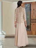 Two Piece A-Line Mother of the Bride Dress Elegant Square Neck Spaghetti Strap Floor Length Chiffon Lace Sleeveless Wrap Included with Solid Color