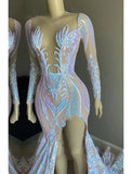 Mermaid / Trumpet Evening Gown Floral Dress Formal Chapel Train Long Sleeve V Neck African American Sequined Backless with Sequin Slit