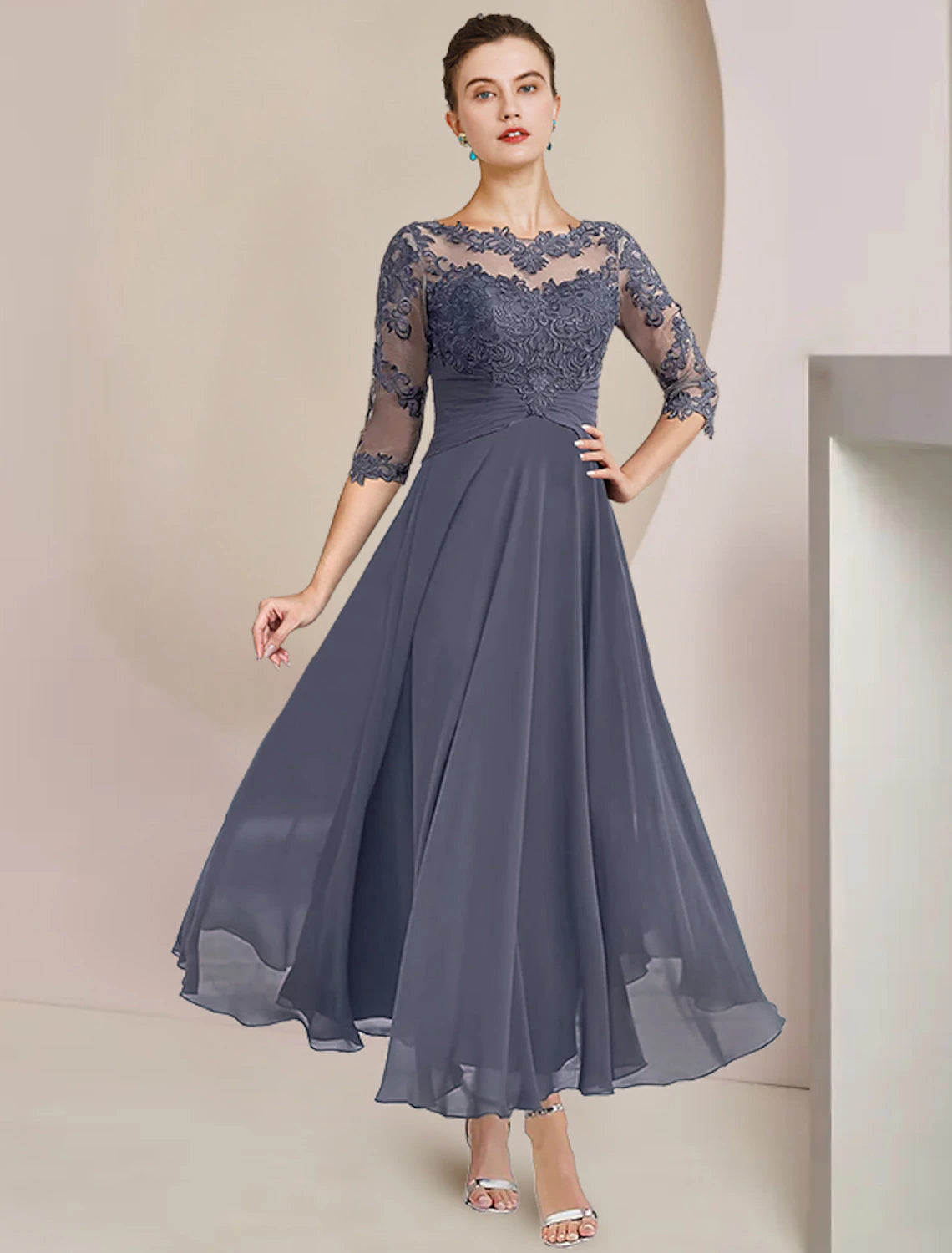 Two Piece A-Line Mother of the Bride Dress Formal Wedding Guest Elegant Scoop Neck Tea Length Chiffon Lace 3/4 Length Sleeve Wrap Included with Appliques Ruching