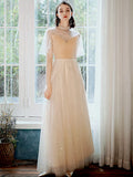 A-Line Prom Dresses Glittering Dress Party Wear Ankle Length Half Sleeve High Neck Tulle with Pleats Sequin