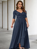 Two Piece A-Line Mother of the Bride Dresses Plus Size Hide Belly Curve Elegant Dress Formal Floor Length Half Sleeve V Neck Chiffon with Pleats Appliques