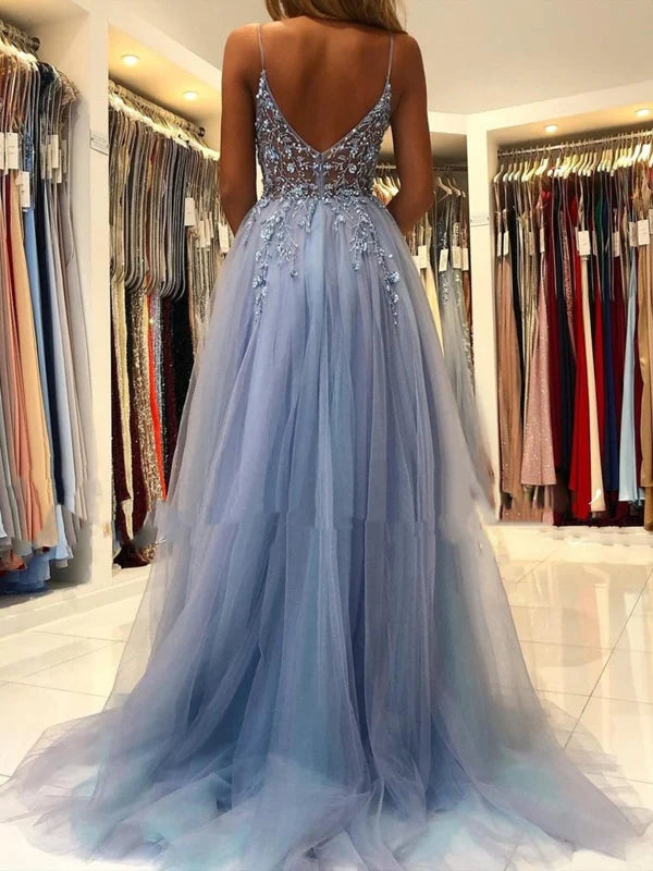 V Neck Open Back Beaded Long Prom Dresses