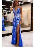 Mermaid / Trumpet Prom Dresses Sexy Dress Formal Sweep / Brush Train Sleeveless V Neck Tulle Backless with Slit Appliques