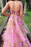 Two Piece V Neck Floral Printed Tulle evening gowns Long Prom Dress