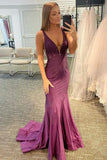 Mermaid Deep V Neck Long Prom Dress with Beading