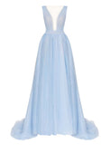 A-Line Evening Gown Beautiful Back Dress Engagement Court Train Sleeveless V Neck Tulle with Bow(s) Pleats