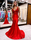 Mermaid Deep V Neck Satin Long Prom Dress