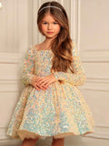 Kids Little Girls' Dress Solid Colored A Line Dress Sequins Ruched Yellow Red Knee-length Long Sleeve Cute Sweet Dresses Winter Fall Regular Fit 3-12 Years / Satin