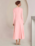 A-Line Mother of the Bride Dress Formal Wedding Guest Elegant High Low Scoop Neck Asymmetrical Ankle Length Stretch Fabric Long Sleeve with Ruffles