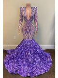 Mermaid / Trumpet Evening Gown Floral Dress Formal Court Train Long Sleeve V Neck African American Sequined with Sequin