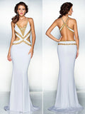 Mermaid / Trumpet Sparkle Dress Wedding Guest Sweep / Brush Train Sleeveless V Neck Jersey Crisscross Back with Crystals