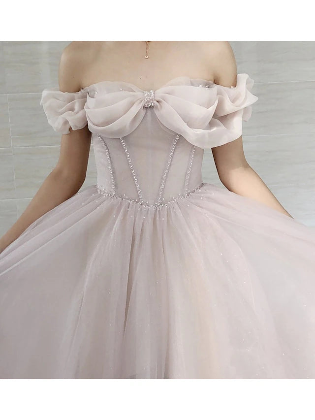 A-Line Prom Dresses Empire Dress Prom Sweep / Brush Train Short Sleeve Sweetheart Tulle with Pleats Beading