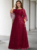 A-Line Mother of the Bride Dress Plus Size Elegant Jewel Neck Floor Length Lace Half Sleeve No with Sequin Appliques