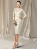 Sheath / Column Mother of the Bride Dress Elegant Jewel Neck Knee Length Satin Lace 3/4 Length Sleeve with Bow(s) Flower
