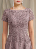 A-Line Mother of the Bride Dress Elegant Jewel Neck Tea Length Lace Tulle Short Sleeve with Appliques