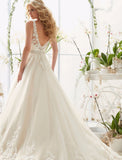 Engagement Open Back Sexy Formal Wedding Dresses A-Line V Neck Sleeveless Court Train Lace Bridal Gowns With