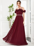 A-Line Prom Dresses Vintage Dress Wedding Guest Floor Length Sleeveless Off Shoulder Chiffon with Appliques Shouder Flower