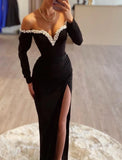 Mermaid / Trumpet Evening Gown Elegant Dress Formal Floor Length Long Sleeve Sweetheart Italy Satin with Pearls Slit