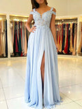 A Line Chiffon Evening Dress V Neck Floor Length Split Front Party Dresses Prom Dresses