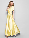 A-Line Mother of the Bride Dress Vintage Plus Size Elegant Jewel Neck Floor Length Satin Short Sleeve with Sash / Ribbon Ruched Crystals