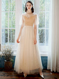 A-Line Prom Dresses Glittering Dress Party Wear Ankle Length Half Sleeve High Neck Tulle with Pleats Sequin