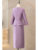 Two Piece Cocktail Dresses Elegant Dress Wedding Party Tea Length Long Sleeve V Neck Satin with Appliques