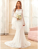 Reception Boho Wedding Dresses Mermaid / Trumpet Illusion Neck Long Sleeve Sweep / Brush Train Lace Bridal Gowns With Lace