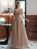 A-Line Prom Dresses Sparkle Dress Engagement Floor Length Sleeveless High Neck Tulle with Bow(s) Beading Sequin