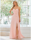 A-Line Wedding Guest Dresses Casual Dress Party Wear Floor Length Sleeveless Spaghetti Strap Chiffon with Ruffles Slit