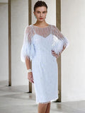 Sheath / Column Mother of the Bride Dress Elegant Sparkle & Shine Jewel Neck Knee Length Stretch Chiffon Half Sleeve with Feather Beading Sequin