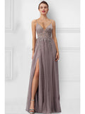 A-Line Prom Dresses Floral Dress Party Wear Floor Length Sleeveless Spaghetti Strap Tulle with Slit