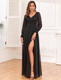 A-Line Evening Gown Empire Dress Party Wear Floor Length Long Sleeve V Neck Tulle V Back with Glitter Slit
