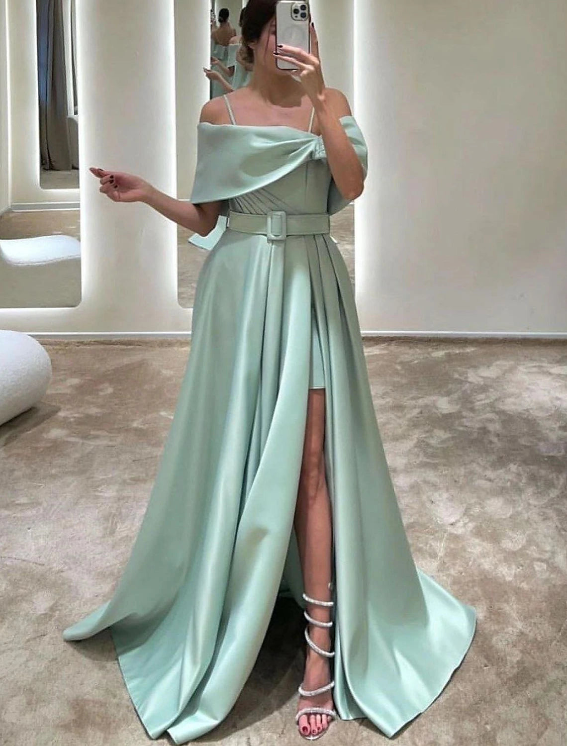 A-Line Evening Gown Elegant Dress Formal Floor Length Sleeveless Off Shoulder Satin with Crystals Slit Strappy