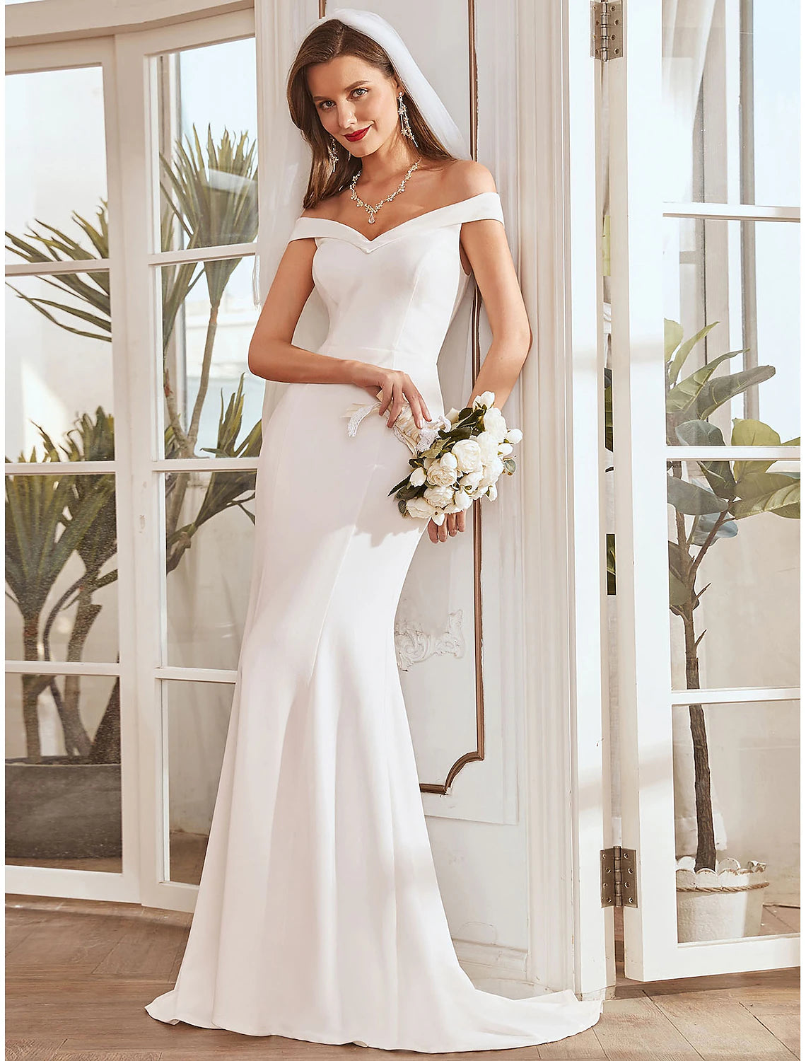 Reception Casual Wedding Dresses Mermaid / Trumpet Off Shoulder Cap Sleeve Sweep / Brush Train Stretch Fabric Bridal Gowns With Pleats Draping
